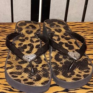 Brighton Leopard Print Wedge Flip Flop Sandals with Black Straps